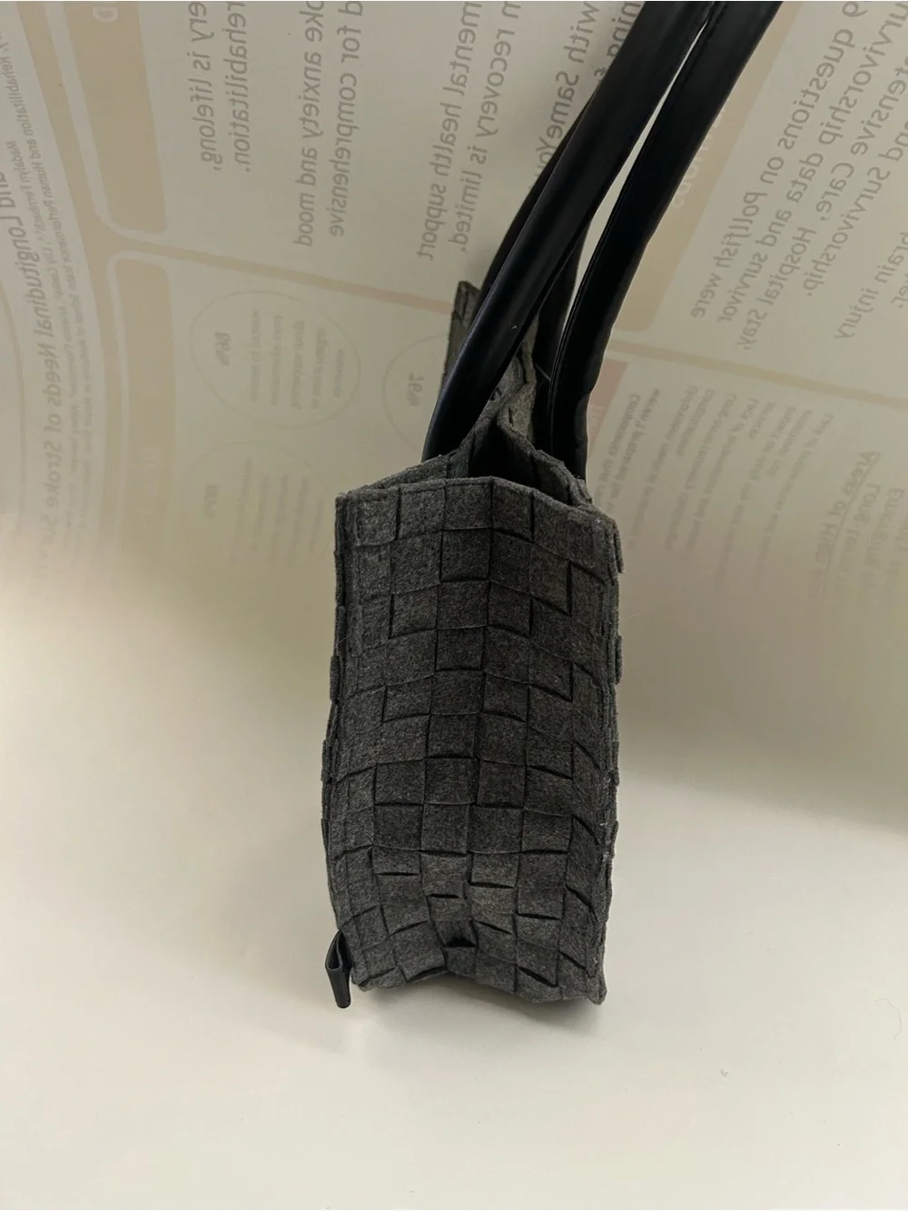 NWT Woven Grey Felt Tote Bag with Black leather Handles